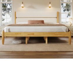 Merax King Size Solid Wood Bed Frame with Fleece Upholstered Headboard, Solid Rubber Wood Frame, Elegant Platform Bed, Ample Underbed Storage Space, 