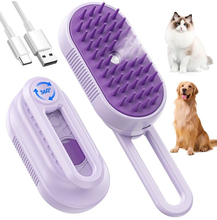 Cat Steam Brush for Shedding, 4 in 1 Brushs with Foldable Handle, Steam Brushs for Cats, Spritz Defur Comb for Cats, Water Brush for Cat, Pet Spray Ha