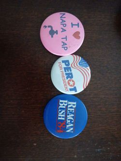 Vintage Political Pinback Buttons Lot – Reagan Bush '84, Ross Perot 1992 & Napa Tap