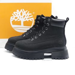 Women's Timberland Sky 6-Inch Lace Up Black ReBOTL Leather Boots - Size 8