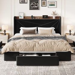 🌊 King Size Bed Frame with 3 Drawers, USB & Type-C Charging Ports, Velvet Upholstered Platform Bed with Modern Geometric Wingback Storage Headboard, 