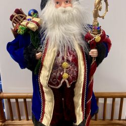24” Tall Vintage Standing Santa Claus Jewels And Velvet Richly Dressed Px/02