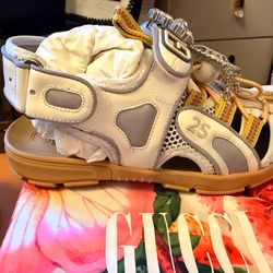 Gucci Tinsel Sport Sandals Women 6.5 White Mesh Logo Strap Sneakers w/ Box”