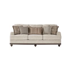Cycle Hay Sofa With Beige Upholstery, Nailhead Trim, Plush Cushions With Stylish Accent Pillows $450