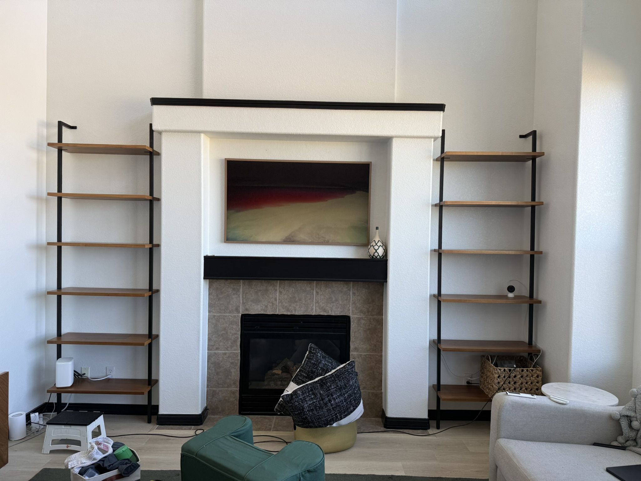Pair of CB2 Helix 96” Walnut Wood Wall Mount Bookshelves