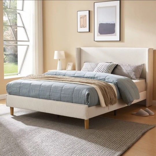 Full Bed Frame with Headboard and Wingback, Velvet Upholstered Platform, Beige