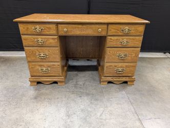 Traditional Oak Finish Pedestal Desk with Brass Pulls