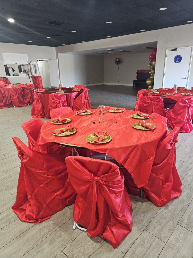 Satin Tablecloths,  Red Satin Napkins, Red Satin Chair Covers