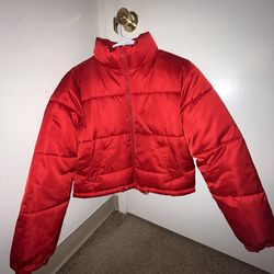 Womens Red Cropped Puffer Jacket