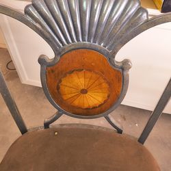 Pair Vintage Hollywood Regency Shell Back Chairs - Metal Frame, Inlaid Wood, Claw Feet $300/pair