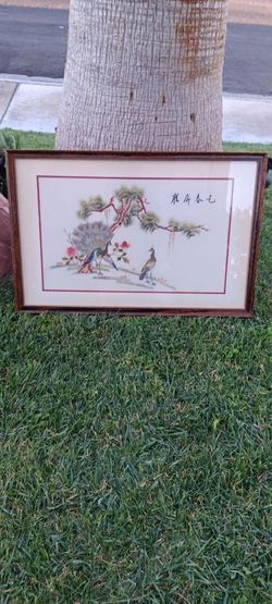 Framed Chinese Silk Embroidery Peacock Art