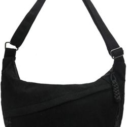 New Black Corduroy Crossbody Bag, Women Slouchy Shoulder Purse Crescent Cross Body Bag