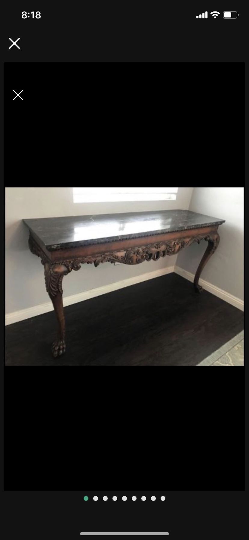 Antique Carved Wood Marble Long Console Side Table