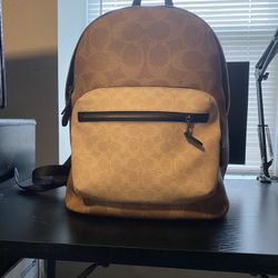 Coach Brown Beige Logo Backpack Adjustable Strap Zip Closure Outer Pockets