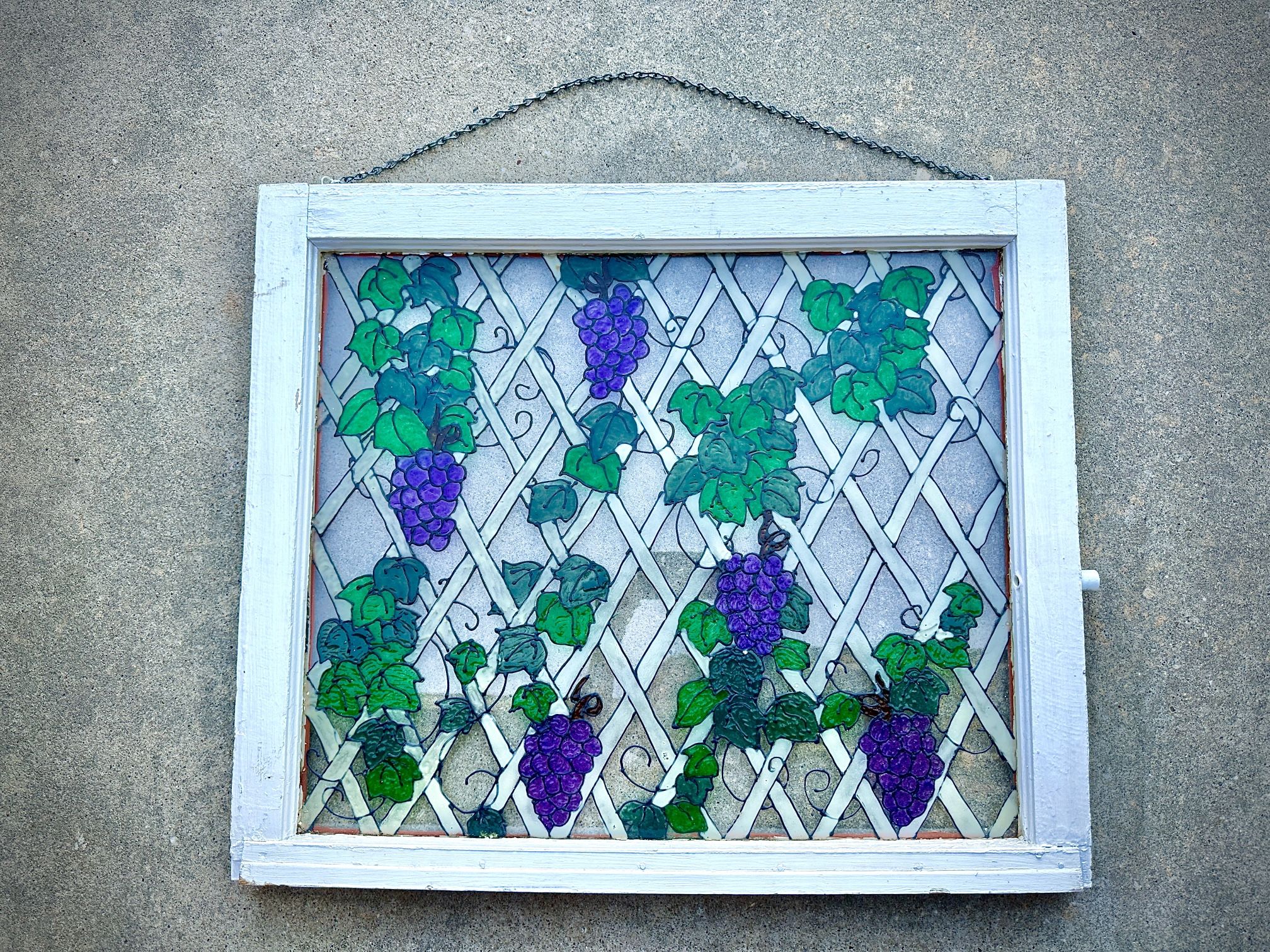 Hand Painted Grapes on Lattice on Large Vintage Window—See Pics for Measurements 