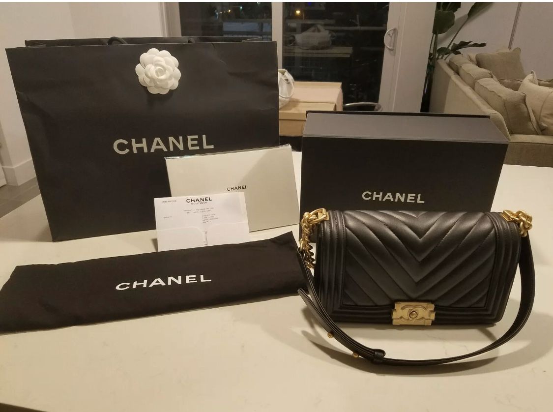 100% Authentic Chanel Chevron Boy Bag / Black and Gold