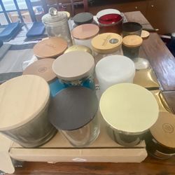 21 Glass Empty Candle Bottles. Most With Lids. 