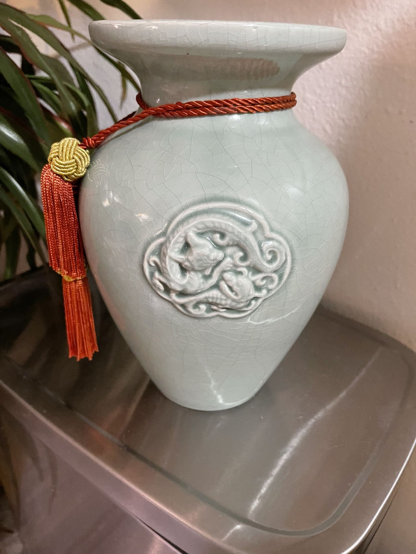 Vintage Chinese Green Dragon Decorative Vase With Tassel From China.