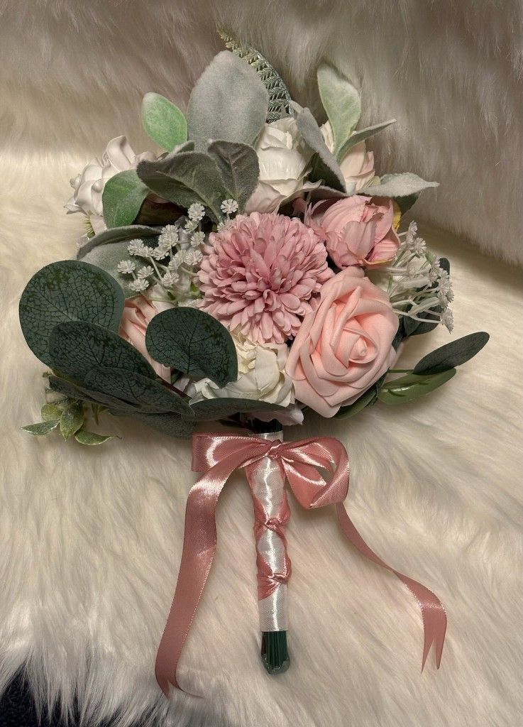 New Bride Bouquet, Blush, Pinks, Mauve And White Silk Florals and Greenery See Photos