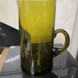 Vintage MCM Avocado Green Glass Pitcher . Made in Morocco 7.5”