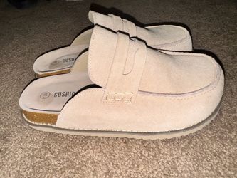 Beige Suede Loafer Mules with Platform Sole