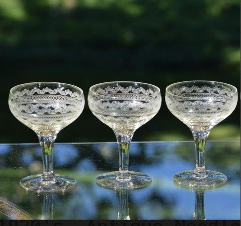 Qty 3 Fostoria Elegant Cloverleaf Etched Champagne Wine...