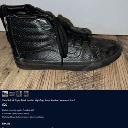 Vans Sk8-Hi Triple Black Leather High Top Skate Sneakers Womens Size 7