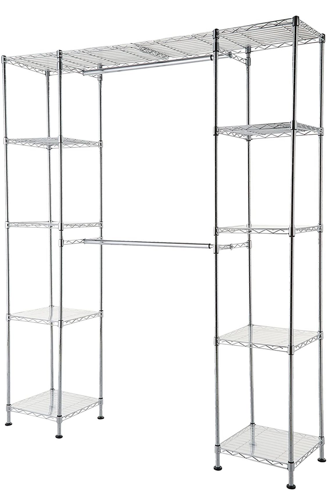 Expandable Metal Hanging Storage Organizer Rack Wardrobe with Shelves, 14"-63" x 58"-72", Chrome