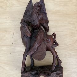 Antique Chinese Dynasty Hand Carved Wood Emperor Warrior on Horse 9”