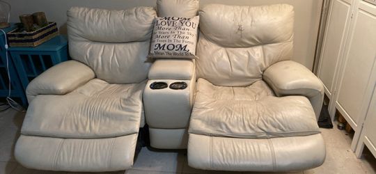 Cream Leather Double Recliner Loveseat with Console