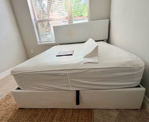 White Upholstered Bed Frame with Headboard & Sealy Posturepedic Plus Mattress