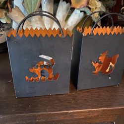Four Black Metal Halloween Fall Witch and Black Cat Candle Luminaries