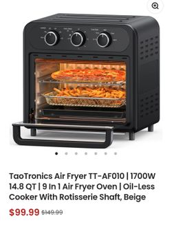 TaoTronics Air Fryer TT-AF010 | 1700W 14.8 QT | 9 in 1 Air Fryer Oven | Oil-less Cooker with Rotisserie Shaft, Beige