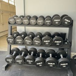 5-50lb Set Rep Fitness Urethane Dumbbells With Rack 