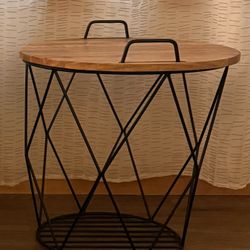 Modern Wire Basket Side Table with Wood Top