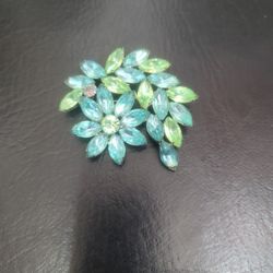 Antique Blue Green Rhinestone Pin Brooch 