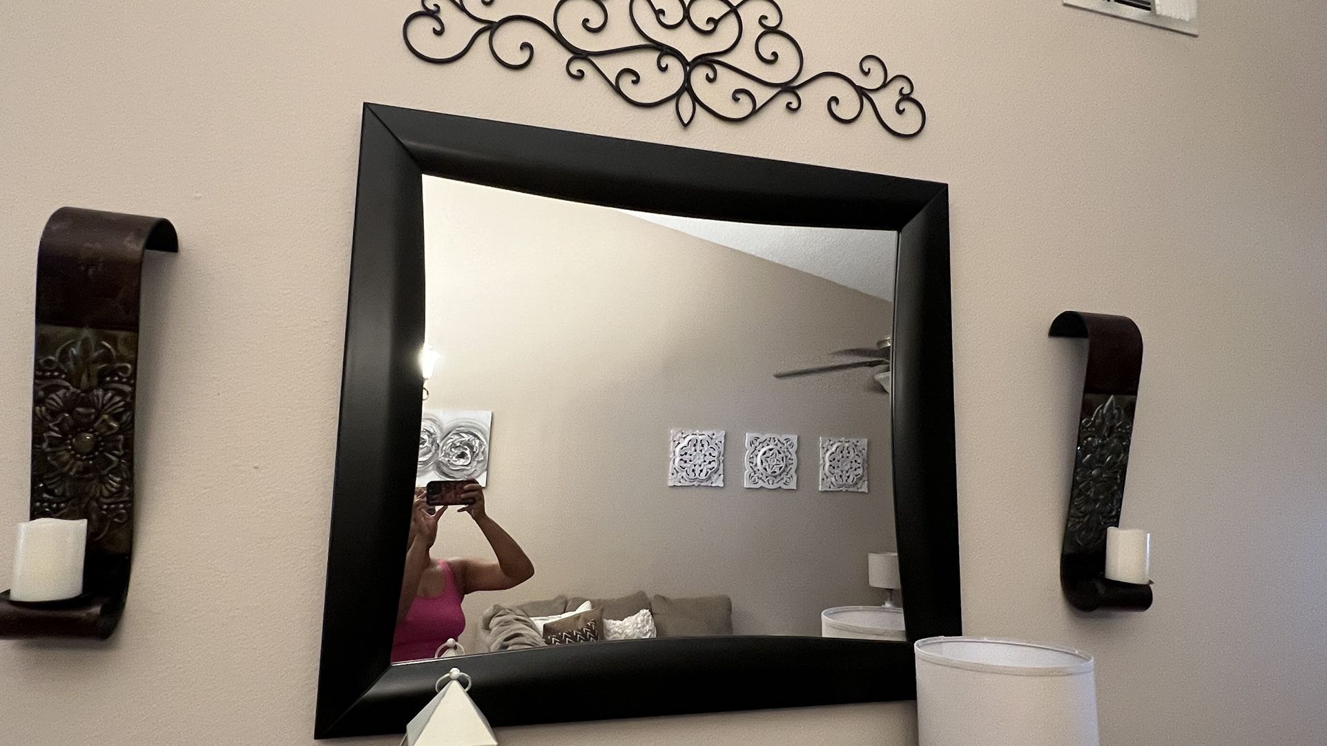 Wood Mirror, Sconces And Metal Top Vine