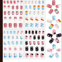 96 Pcs Kids Fake Nails Press on Nails for Girls Pre-glue Full Cover Short False Nails Children Nails Lovely Gift for Children(Refreshing and Cute)