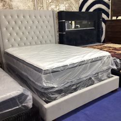 Gray Velvet Queen Size Bed Frame 