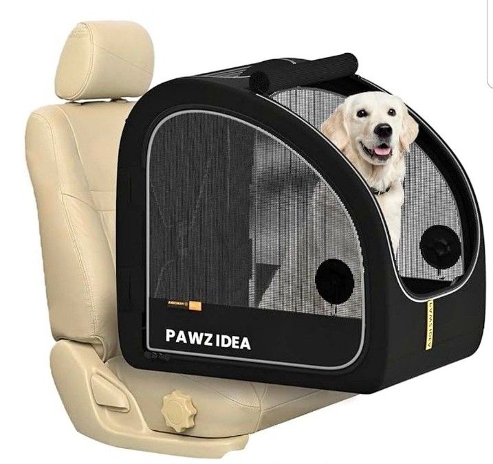 PAWZIDEA Collapsible Dog Travel Crate, Portable Pet Crate for Car Travel, Soft-Sided Kennel for Medium Large Dogs, Pop-Up Metal Frame, Seatbelt & Head