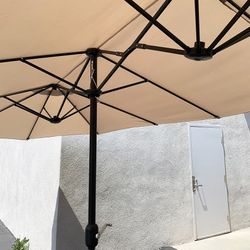 (New) $130 Large 15x9 FT Double Sided Umbrella with Weight Base set (Beige color)