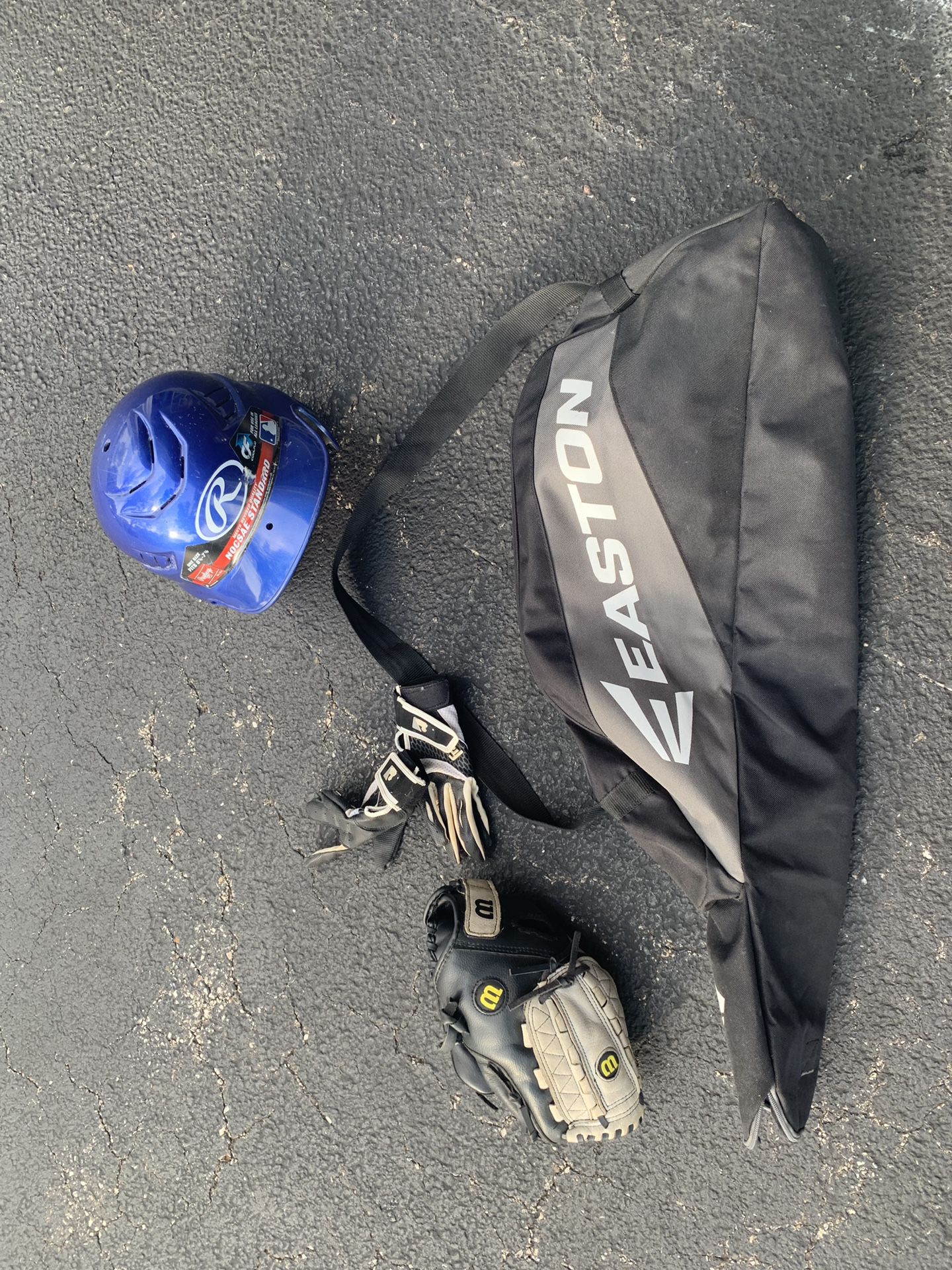 Baseball glove, bat gloves, and Helmet with bag