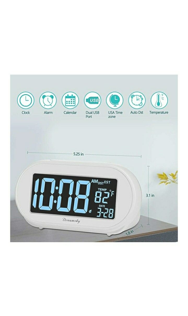 Auto Time Set Alarm Clock with Snooze and Dimmer,Charging Station/Phone Charger with Dual USB Port .Auto DST Setting,4 Time Zone Optional