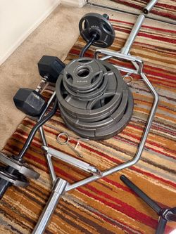 Weight Plates, Hex Dumbbell, Curl Bar, and Trap Bar Set