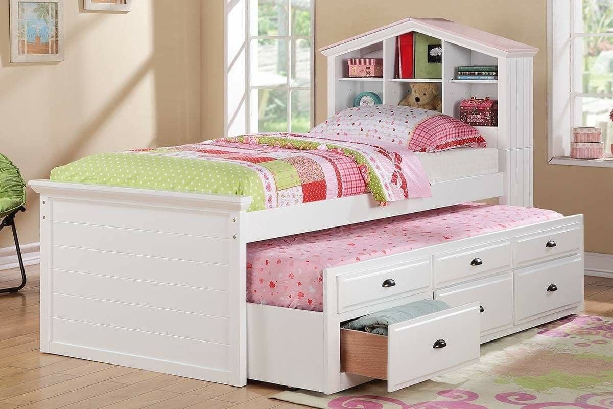 WHITE TWIN SIZE BED + TRUNDLE + DOLLHOUSE BOOKCASE HEADBOARD + STORAGE DRAWERS