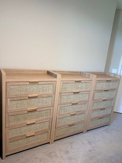 Modern Rattan 5-Drawer Dressers (Set of 3) – Like New