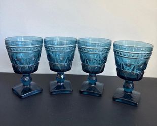 Vintage Indiana Glass Colony Park Lane Blue Teal Goblets Set of 4 Square Base
