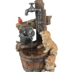 OPEN-BOX - OUTDOOR/INDOOR *GREEN BIRD* LuxenHome Resin Puppies & Water Pump Patio Fountain w/LED Light