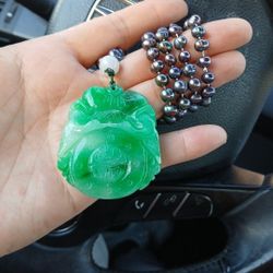 Rarely Vtg Nice Piece Coin Wave Blessingbgood Luck Green Ememrald Jade Jadeist Genuje Pearl Necklace 28_30" Lenght Pdnt 2x2.25" 