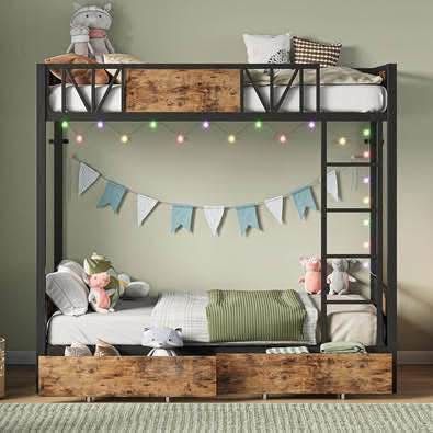 New ANCTOR Bunk Bed Twin Over Twin with Power Outlet and 2 Drawers, Metal Bed Frames with Ladder